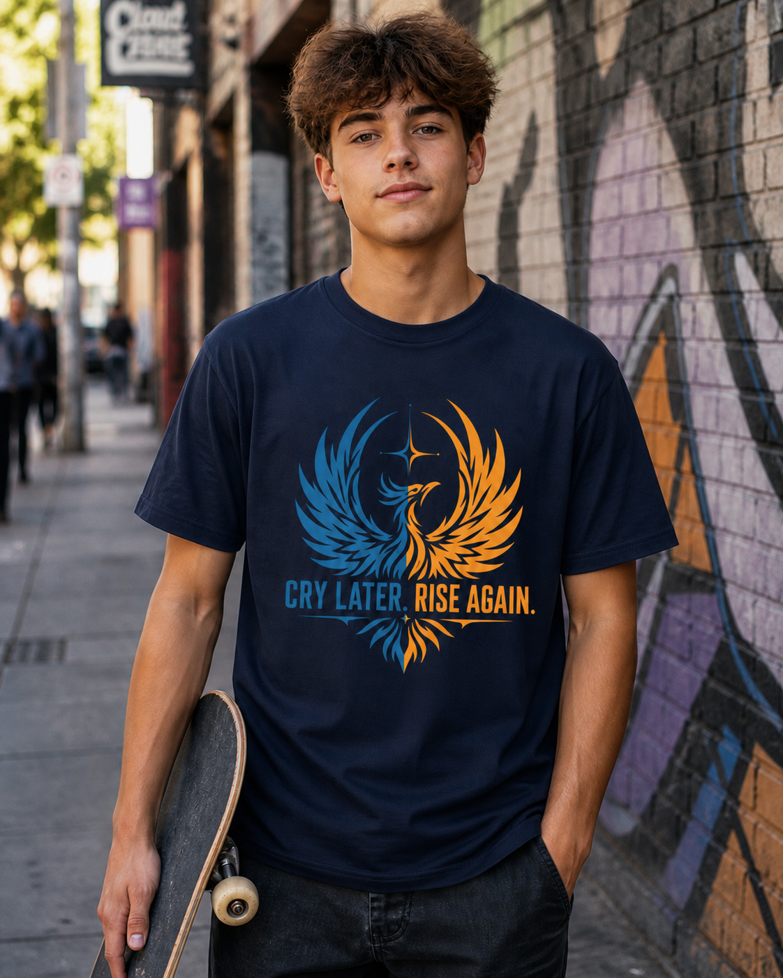 Cry Later Rise Again Blue Gold Unisex Tee